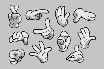 Fototapeta premium Retro Cartoon Gloved Hands Gestures. Cartoon Hands with Gloves Icon Set Isolated. Vector Clipart - Parts of Body, Arms in White Gloves. Hand Gesture Collection. Design Templates for Graphics