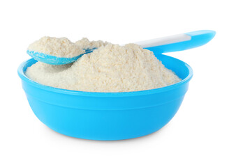 Dry healthy baby food in bowl on white background