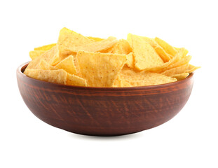 Bowl of tasty tortilla chips (nachos) on white background