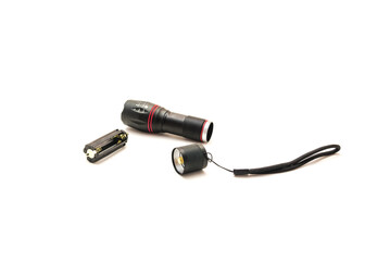 Breakout view of aluminum alloy flashlight with light bulb, AAA Battery Holders, lanyards handle...