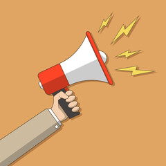 Vector flat style hand holding megaphone with speech bubble on background.