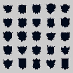 Collection of monochrome vector icons and badges, black color shield templates for logos.