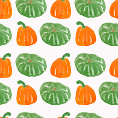 Watercolor seamless pattern of orange green pumpkins