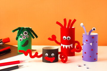 Halloween craft. Handmade decoration cute monster. Drawing Handmade toys. Reuse concept