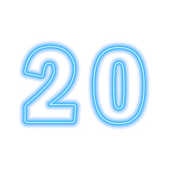 Neon blue number 20 isolated on white. Serial number, price, place