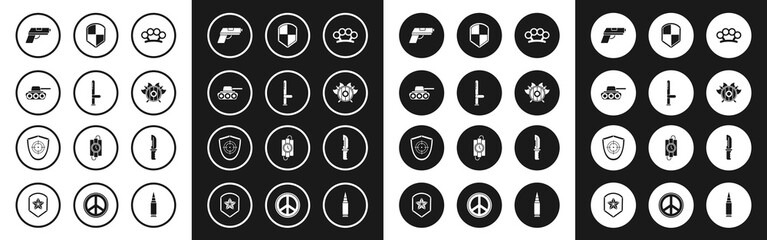 Set Brass knuckles, Police rubber baton, Military tank, Pistol or gun, Medieval shield with crossed axes, Shield, knife and Target sport icon. Vector