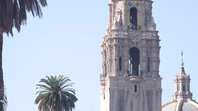 Spanish colonial revival architecture in Balboa Park, San Diego, California USA. Historic building, classic baroque or rococo romance style. Bell tower or belfry, relief stucco ornamental art decor.