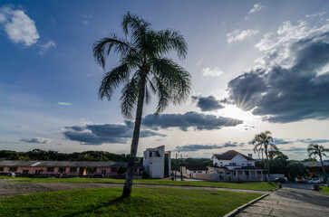 sol entre nuvens iluminando palmeira em cidade com casas ao redor de praça