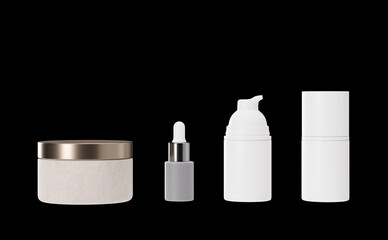 Group of blank, unbranded cosmetic cream jars and tubes isolated on black background. Skin care product presentation. Elegant mockup. Skincare, beauty and spa. Jar, tube with copy space. 3D rendering.