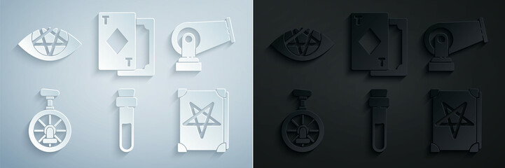 Set Bottle with love potion, Cannon, Unicycle or one wheel bicycle, Ancient magic book, Playing cards and Pentagram icon. Vector © Oksana