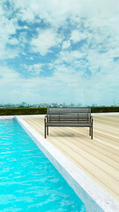 background of outdoor lounging terrace and sofa bench with beautiful swimming pool rooftop , 3D illustration rendering