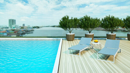 background of outdoor lounging terrace and Lounge Chair with beautiful swimming pool rooftop , 3D illustration rendering