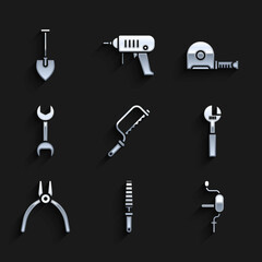 Set Hacksaw, Chisel tool for wood, Hand drill, Adjustable wrench, Pliers, Wrench spanner, Roulette construction and Shovel icon. Vector