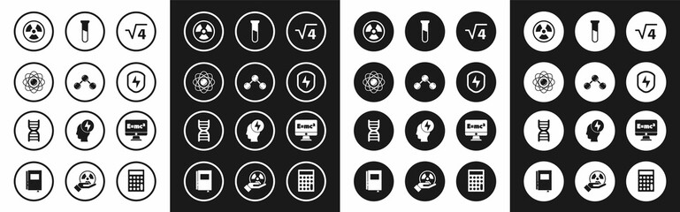 Set Square root of 4 glyph, Molecule, Atom, Radioactive, Secure shield with lightning, Test tube and flask, Equation solution and DNA symbol icon. Vector