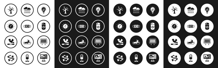 Set Light bulb with leaf, Medical protective mask, Sun, Withered tree, Barrel oil, Cloud rain, Solar energy panel and Cigarette icon. Vector