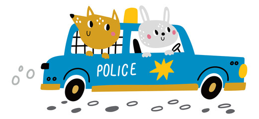 Animal police. Cute rabbit driving patrol car