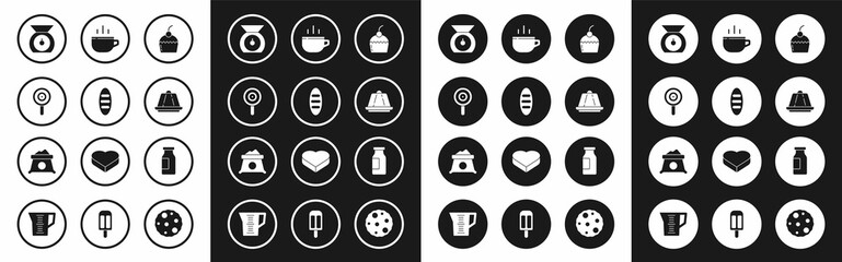 Set Cake, Bread loaf, Lollipop, Scales, Pudding custard, Coffee cup, Bottle with milk and Bag flour icon. Vector