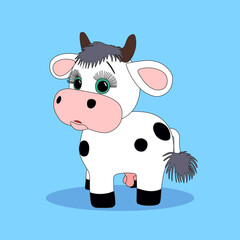 Obraz na płótnie Canvas Cute cow cartoon vector icon illustration. Animal nature icon concept isolated on blue background. Flat cartoon style.