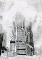 Abstract cityscape of the future. Skyscrapers in the city. Cyberpunk in fog. Monochrome illustration of pencil,