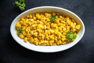corn maize plate boiled ready to eat fresh healthy meal food snack diet on the table copy space food background rustic top view 