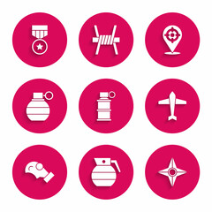 Set Hand smoke grenade, Japanese ninja shuriken, Jet fighter, Gas mask, Target sport and Military reward medal icon. Vector