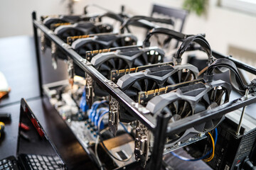 Close up view of computer graphics in cryptocurrency mining rig