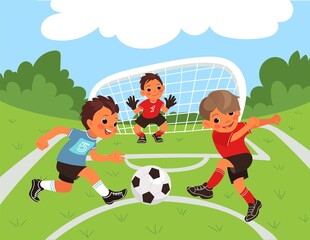 Children soccer. Boys play sport competitive game on park. Goalkeeper and little football players. Kids running outdoor. Athletes kicking ball. Splendid vector concept Team championship.