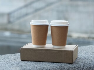 Stack of cardboard delivery boxes. Delivery box and two coffee cups stands on the concrete table, front view. Delivery, shopping, business concept.