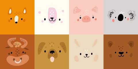 Cute animals portraits. Cartoon mammals faces. Wild or domestic creatures. Zoo avatars. Fox and pig heads. Funny fauna. Polar or brown bears. Bull and rabbit muzzles. Vector cards set
