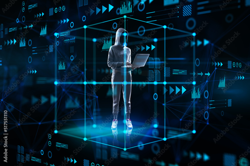 Poster hacker with laptop standing inside abstract cube hologram on blurry blue background. metaverse, soft