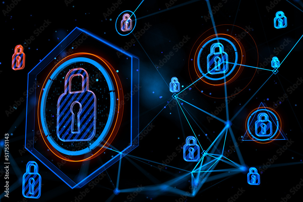 Aufkleber abstract glowing connected digital padlock hologram on dark background, computer safety and secure c