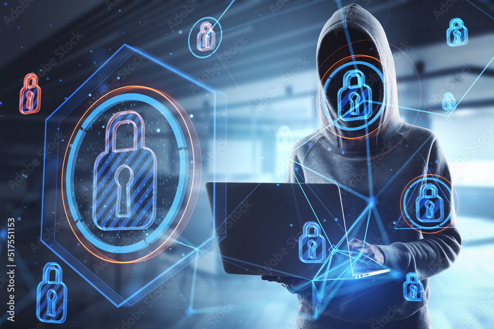 Poster Hacker in blurry office interior using laptop with abstract glowing connected digital padlock hologram. Computer safety, hacking, data theft and secure concept. Double exposure.