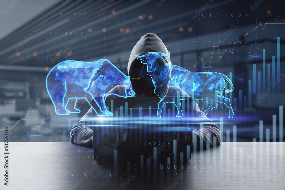 Poster  bulls and bears struggle. Equity market illustration. Front view of hacker using laptop at desktop with creative hologram and graph on blurry office interior background. Double exposure.