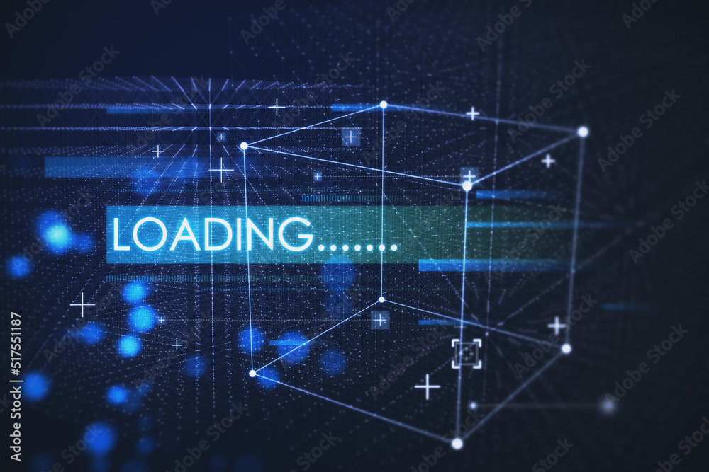 Poster Creative blue loading background with cube hologram, polygonal dots and connections. Technology and innovation concept. 3D Rendering.