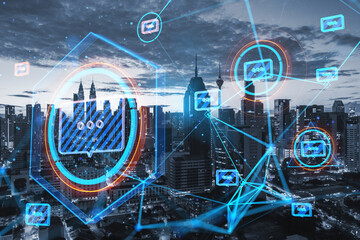 Creative glowing connected communication hologram on blurry city backdrop. Technology and wireless networking concept. Double exposure.