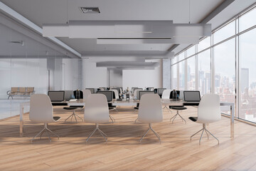 Bright concrete, glass and wooden meeting room interior with window and city view. Law and legal, corporate workplace concept. 3D Rendering.