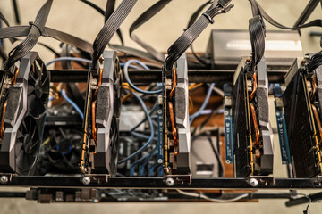 Close up of computer graphics in cryptocurrency mining rig