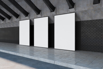 Creative 3d rendering image of outdoor concrete and brick bridge wall in daylight with three empty white mock up billboards. Architecture concept.