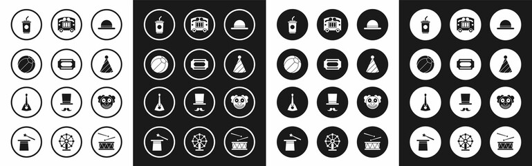 Set Clown hat, Circus ticket, Beach ball, Paper glass with water, Party, wagon, head and Balalaika icon. Vector