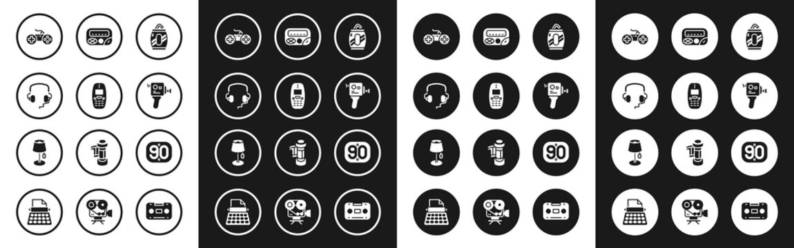 Set Soda can with straw, Old mobile phone, Headphones, Gamepad, Retro cinema camera, Pager, 90s and Floor lamp icon. Vector