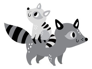 Racoon with baby. Loving animal parent character