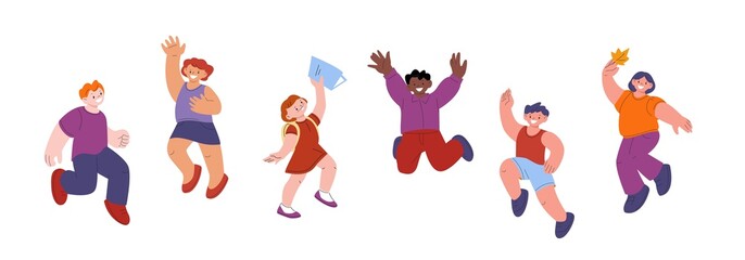 International happy kids group jumping. Joyful teenagers team, isolated little students in autumn outfits. Cute children vector characters