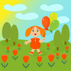Obraz na płótnie Canvas Cute little girl with freckles. Walking with balloons. Cartoon illustration. 