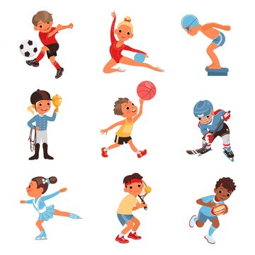 Sport kids. Cute little athletes. Boys and girls hold accessories. Sportsmen with sticks and rackets. Balls or clubs. Children activities. Tennis or soccer player. Splendid vector set