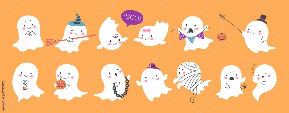 Wall mural cute ghost. happy halloween ghosts characters, spooky expression creature. funny scary magic demon w