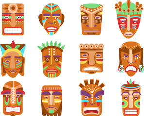 African tiki mask. Ethnic masks, totem hawaii or maya tribes. Wooden warrior gods faces, ornamental tribal aztec idols. Scary decorations decent vector set