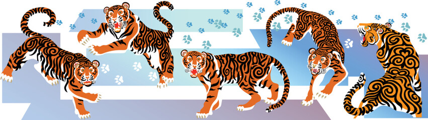 Set of vector images of tigers. A group of animals in dynamic poses are sneaking up against the backdrop of wildlife. 