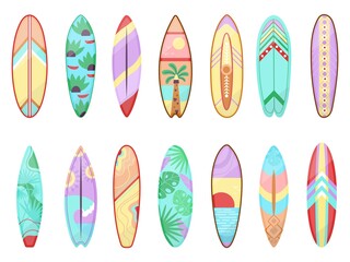 Cartoon surfing board. Surf gear, surfboard isolated for sea training. Water sport decoration boards, flat hawaii longboard decent vector summer elements - obrazy, fototapety, plakaty