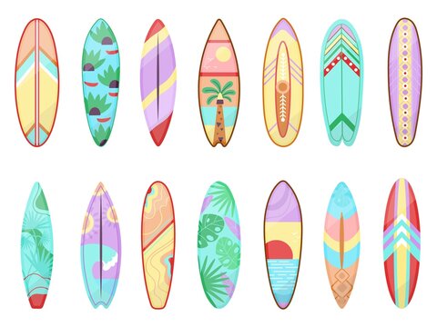 Cartoon surfing board. Surf gear, surfboard isolated for sea training. Water sport decoration boards, flat hawaii longboard decent vector summer elements
