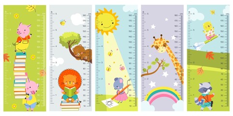 Height chart wall kids meter rulers. Baby room cartoon stickers collection. Children heights measurements with giraffe, rainbow. Kindergarten nowaday vector decor